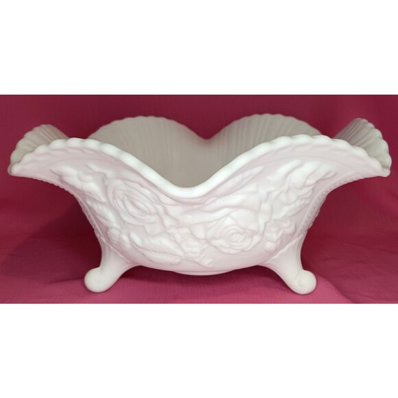VTG Imperial Embossed Roses White Satin Milk Glass Bowl Scalloped Edge 3 Footed - Picture 4 of 7